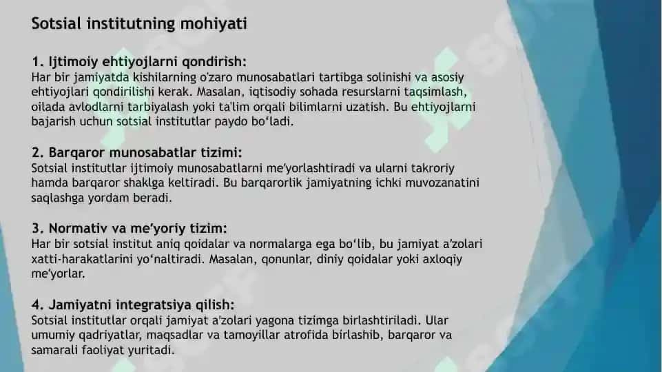 Sotsiologiyada sotsial institut tushunchasi, turlari va asosiy vazifalari 4