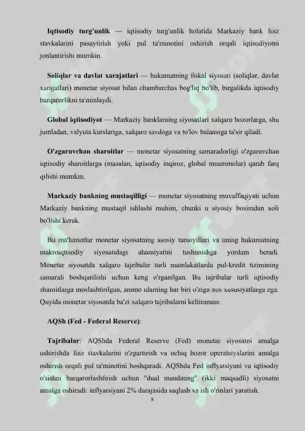 Monetar siyosat va uni hukumatning makroiqtisodiy siyosatidagi o‘rni 8