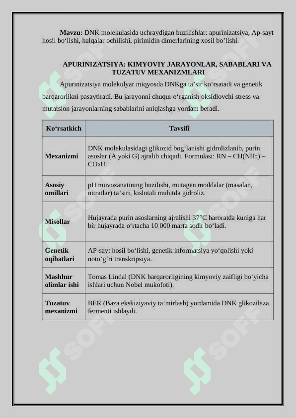 DNK molekulasida uchraydigan buzilishlar: apurinizatsiya, Ap-sayt hosil bo‘lishi, halqalar ochilishi, pirimidin dimerlarining xosil bo’lishi 2