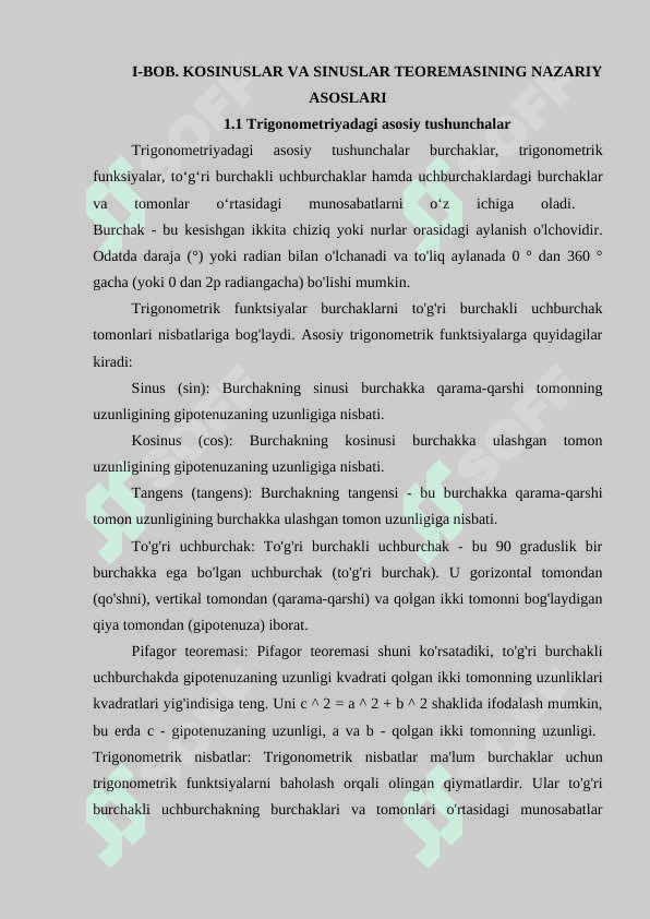 Kosinuslar va sinuslar teoremasi. kurs ishi 7
