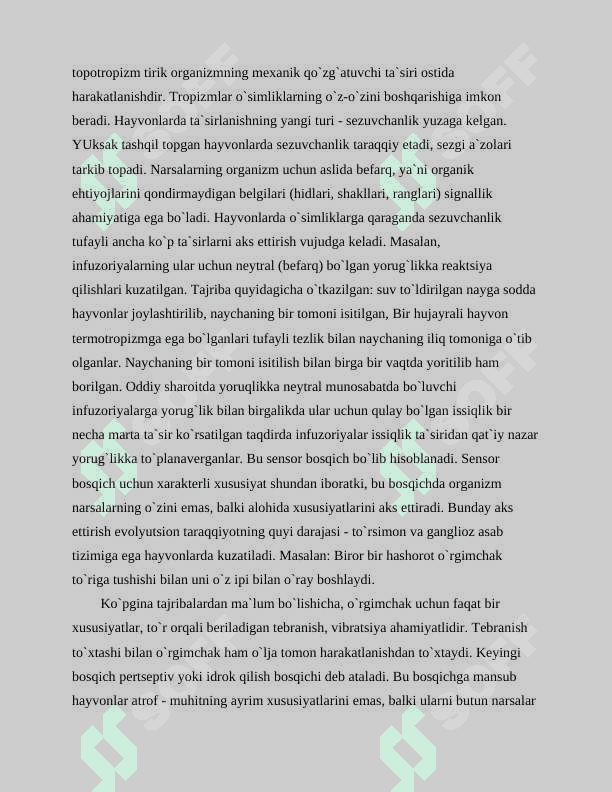 Psixikaning genetik taraqqiyotini Lentint boyicha psixik rivojlanishi bosqichini tayorlash. Tropizm turlari bo’yicha yozish hayvonlar bo’yicha malumot 2