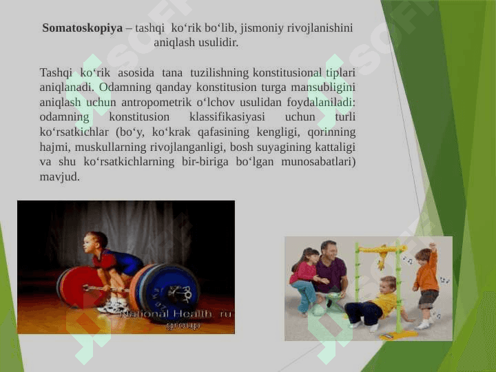 Jismoniy rivojlanishni tekshirish usullari. Somatoskopiya. Antropometriya.. Antropometrik profilni tuzish. 4