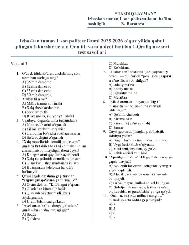 Politexnikumi 1-kurslar uchun Ona tili va adabiyot fanidan 1-Oraliq nazorat test savollari