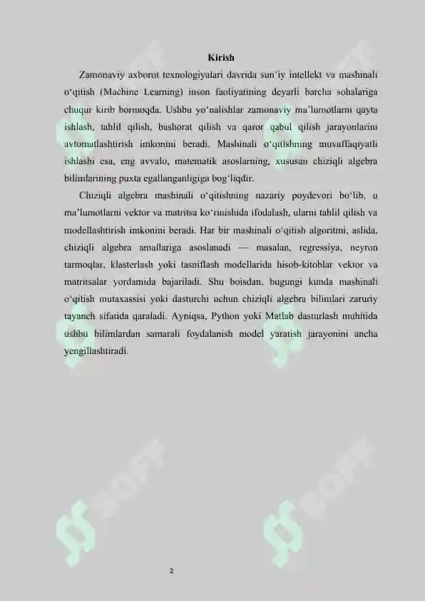 Mashinali o‘qitish uchun chiziqli algebra. Chiziqli algebra masalalarini dasturlash. Bir o‘zgaruvchili va ko‘p o‘zgaruvchili chiziqli regressiya masalalari va ularni dasturlash. 2