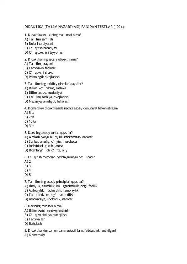 DIDAKTIKA (TA'LIM NAZARIYASI) FANIDAN TESTLAR (100 ta)