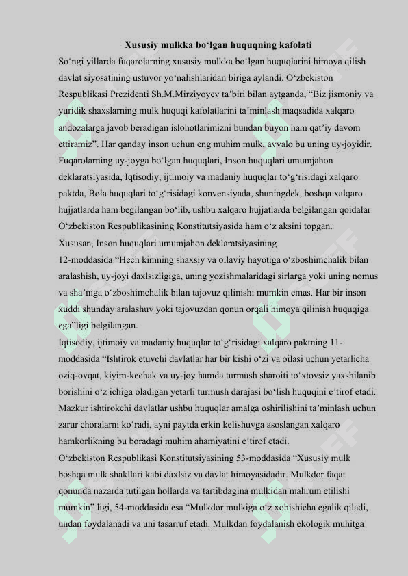 O'ZBEKISTON RESPUBLIKASINING IQTISODIY TIZIMI. XUXUSIY MULKNING DAXILSIZLIGI XAMDA DAVLAT TOMONIDAN MUXOFAZA QILINISHI 2