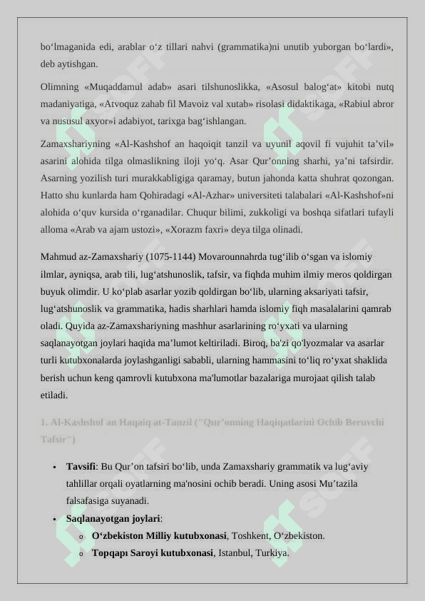 Mahmud az-Zamaxshariy (1075-1144) asarlarining roʻyxatini tuzish hamda ularning bugungi kunda saqlangan makonlari togʻrisida koʻrsatkich tayyorlash 24 2