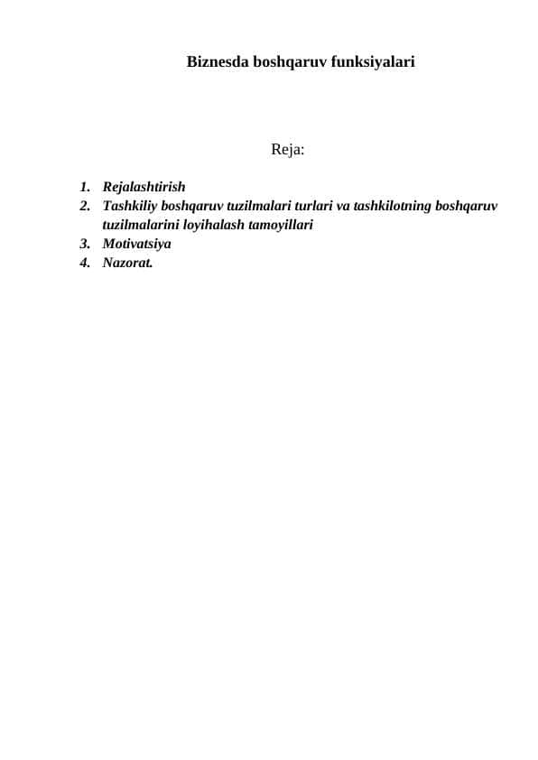 Biznesda boshqaruv funksiyalari