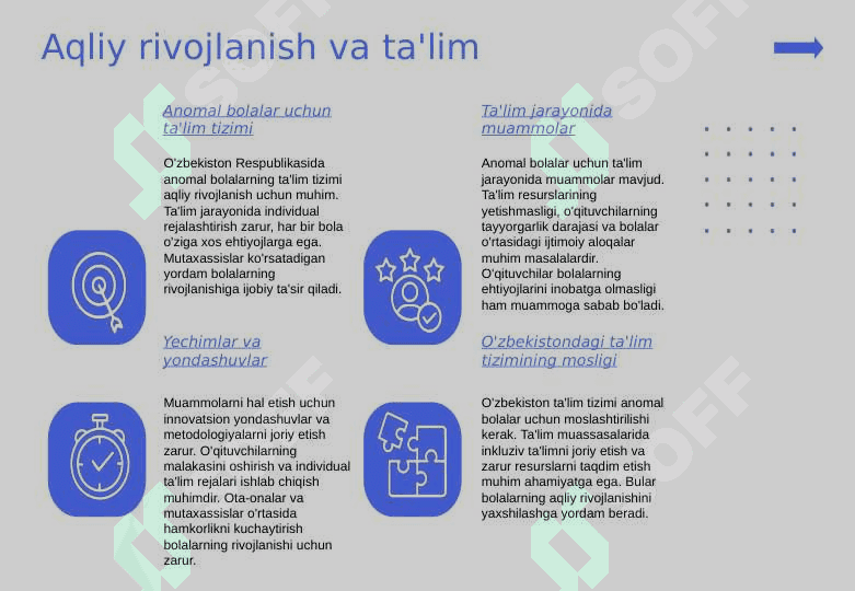 Aqliy rivojlanishi, eshitish, ko'rish, nutqida nuqsoni bor bolalar. O'zbekiston Respublikasida anomal bolalarning ijtimoiy holati. 6