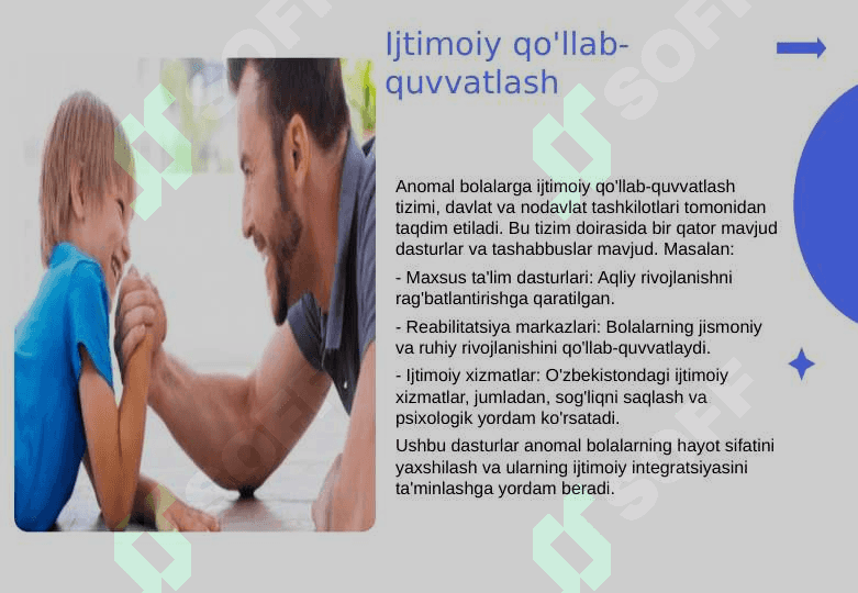Aqliy rivojlanishi, eshitish, ko'rish, nutqida nuqsoni bor bolalar. O'zbekiston Respublikasida anomal bolalarning ijtimoiy holati. 8