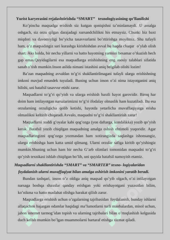 Yuridik kadrlarda kasbiy kompetensiyalarni rivojlantirishning ahamiyati. Maqsadni to’g’ri shakllantirishning zaruriy talablari  SMART 3