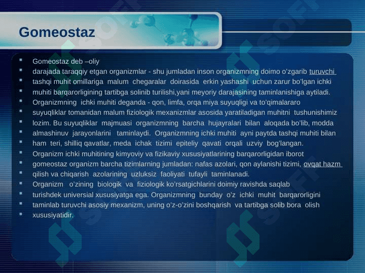 Gomeostaz , Qonning fizikaviy kimyoviy xossalari. shakli elementlari, Organizmning biologik suyuqliklari 3