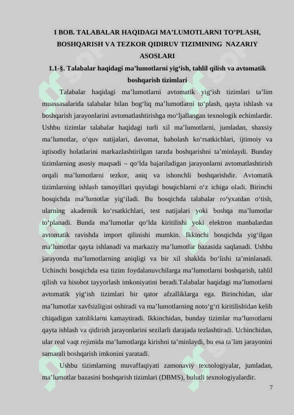 . TALABALAR HAQIDAGI MA’LUMOTLARNI YIG‘ISH, TAHLIL QILISH VA AVTOMATIK BOSHQARISH TIZIMINING  NAZARIY 7