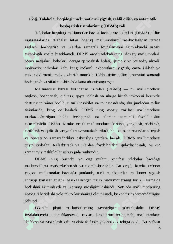. TALABALAR HAQIDAGI MA’LUMOTLARNI YIG‘ISH, TAHLIL QILISH VA AVTOMATIK BOSHQARISH TIZIMINING  NAZARIY 8