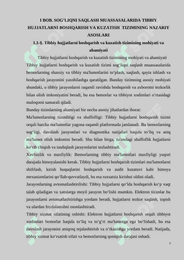 SOG’LIQNI SAQLASH MUASSASALARIDA TIBBIY HUJJATLARNI BOSHQARISH VA KUZATISH  TIZIMINING NAZARIY ASOSLARI 7