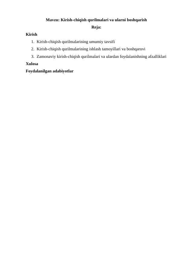 Kirish-chiqish qurilmalari va ularni boshqarish