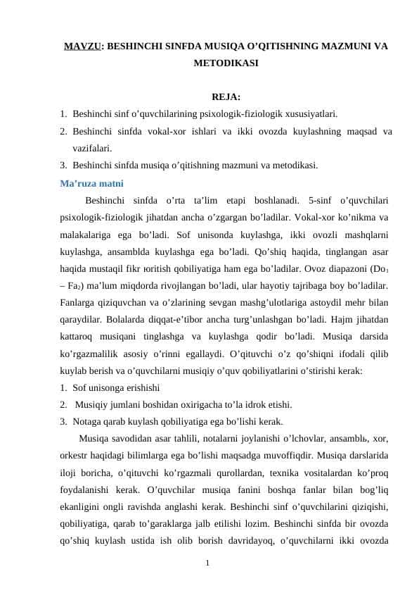 BESHINCHI SINFDA MUSIQA O’QITISHNING MAZMUNI VA METODIKASI