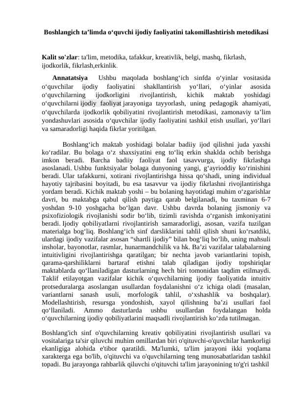 Boshlangich ta’limda o‘quvchi ijodiy faoliyatini takomillashtirish metodikasi