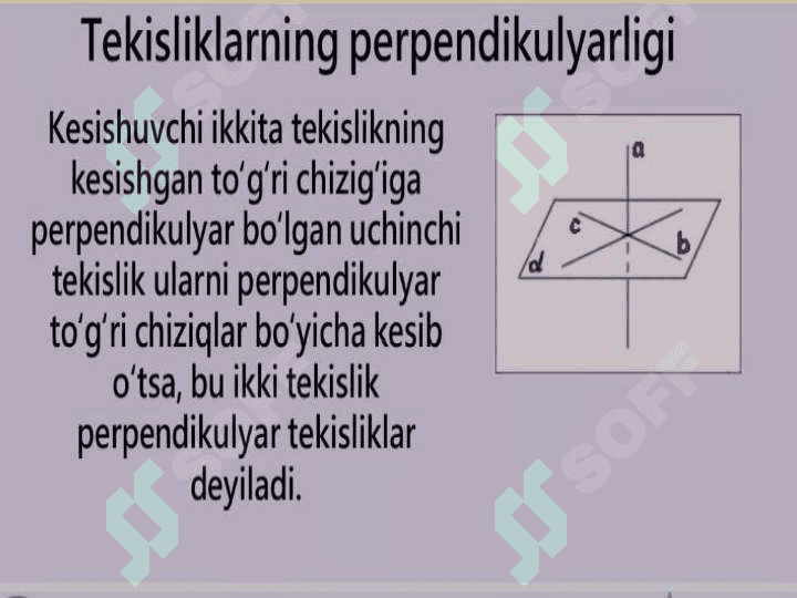 Ikkita to'g'ri chiziq orasidagi burchak.To'g'ri chiziqning parallellik va perpendikulyarlik alomatlari.Nuqtadan to'g'ri chiziqqacha masofa 6