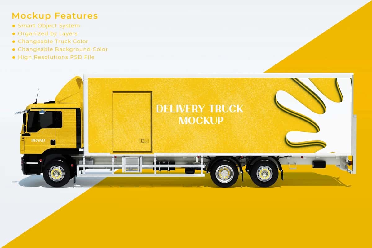 Tez yetkazib beriladigan yuk mashinasi maketining chap tomonidagi koʻrinishi | Transport fast delivery truck mockup left side view 1