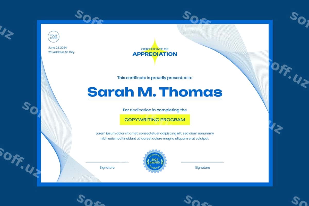 Oddiy guvohnoma baholash shabloni | Flat certificate appreciation template 1
