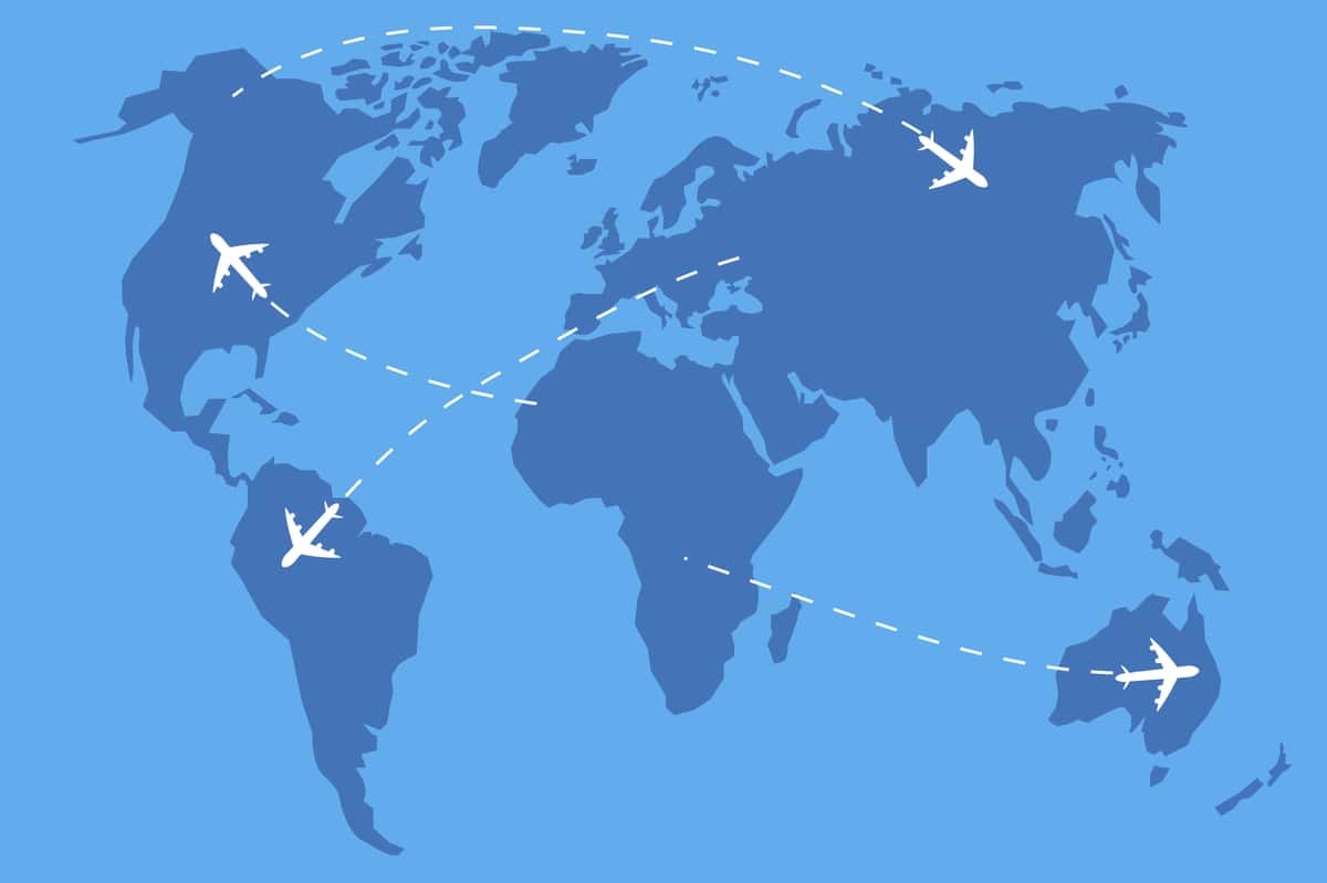 Jahon xaritasi belgisi ko'k xaritasi samolyot yozgi illyustratsiya sayohat piktogramma vektori | World map icon blue map plane summer illustration travel icon vector 1