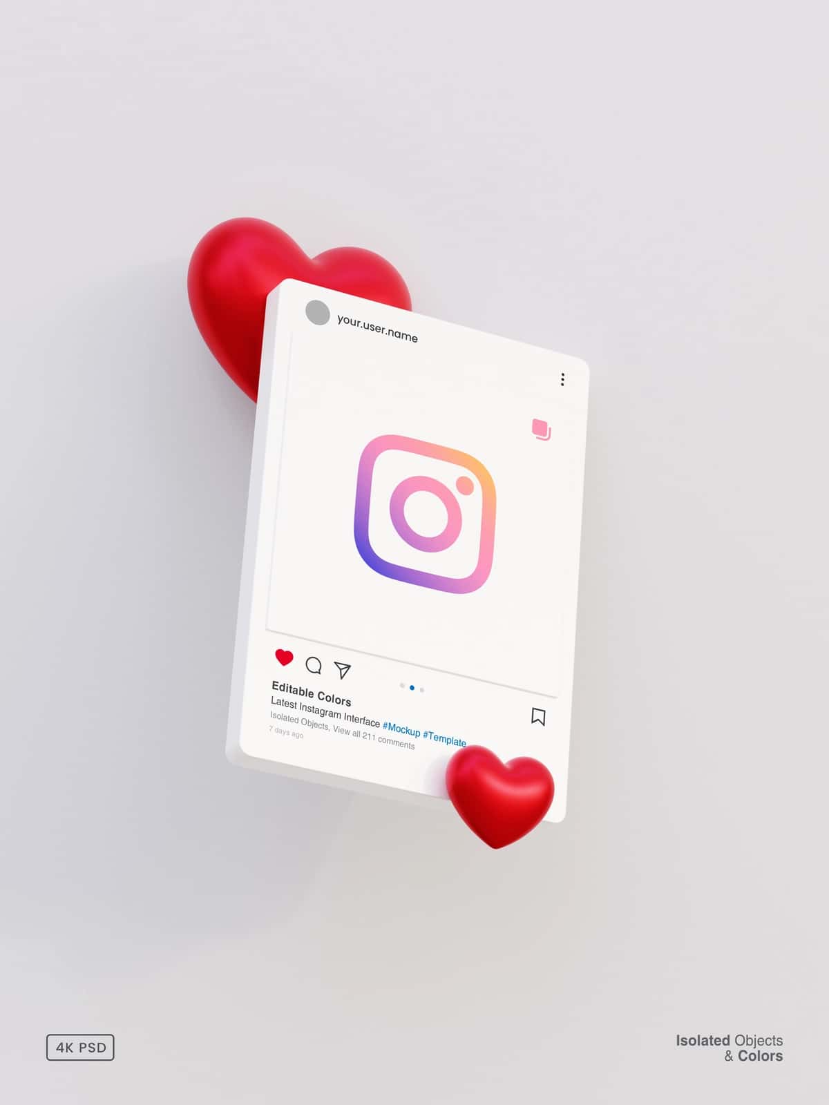 Interfeys shabloniga ega 3D instagram post maketi 3D yurak izolyatsiya qilingan | 3d instagram post mockup with interface template 3d heart isolated 1