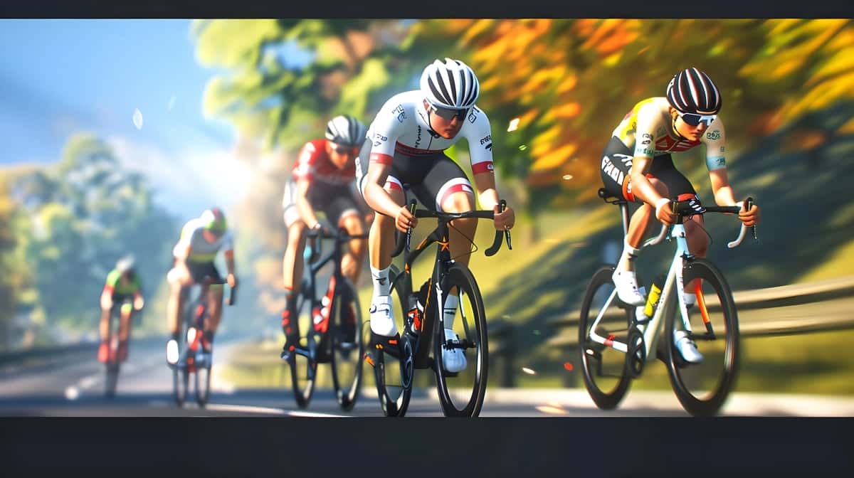 Tabiat manzarasidagi shiddatli velosiped poygasining yaqin surati | Intense cycling race closeup nature setting 1