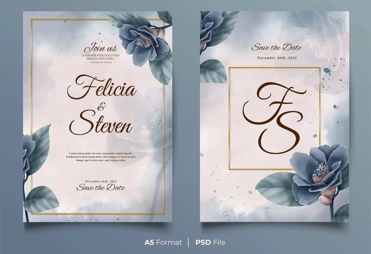 Qora gulli bezakli akvarel to'y taklifnomasi | Watercolor wedding invitation with black flower ornament 1