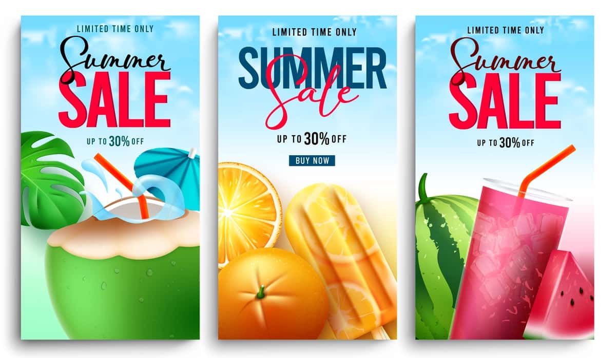 Yozgi sotuvlar vektorli plakatlar to'plamining dizayni yozgi sotuv matni mevalar bilan | Summer sale vector poster set design summer sale text with fruits 1