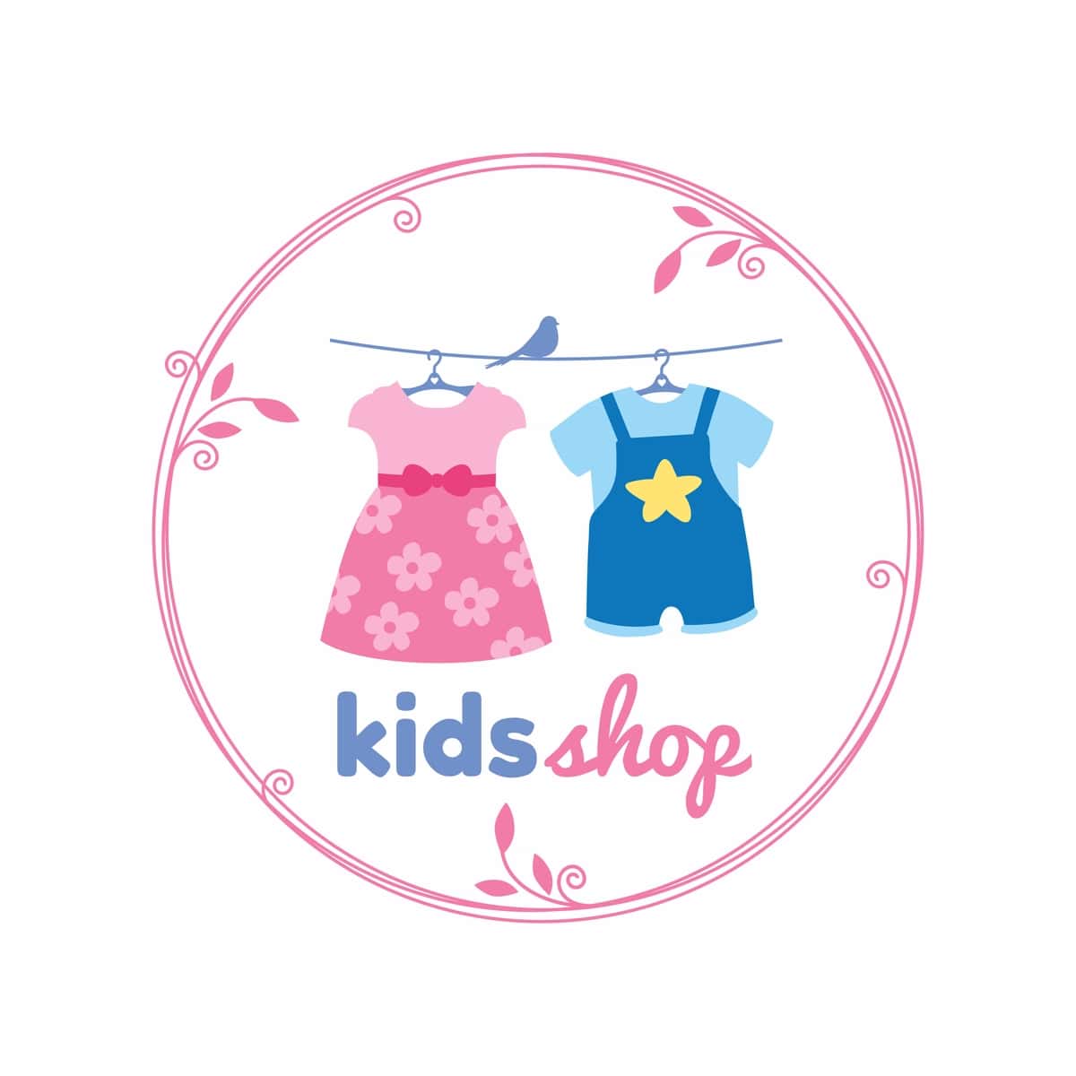 Bolalar do'konining doirasi osilgan bolalar kiyimlari logotipi dizayni | Kids shop circle hanging child clothes logo design 1