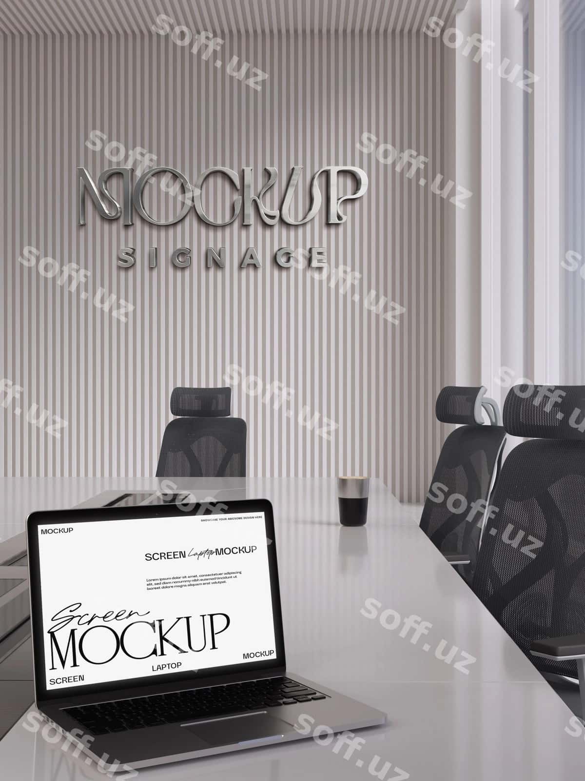 Noutbuk logotip effekti devor namunasi | Laptop logo effect wall mockup 1