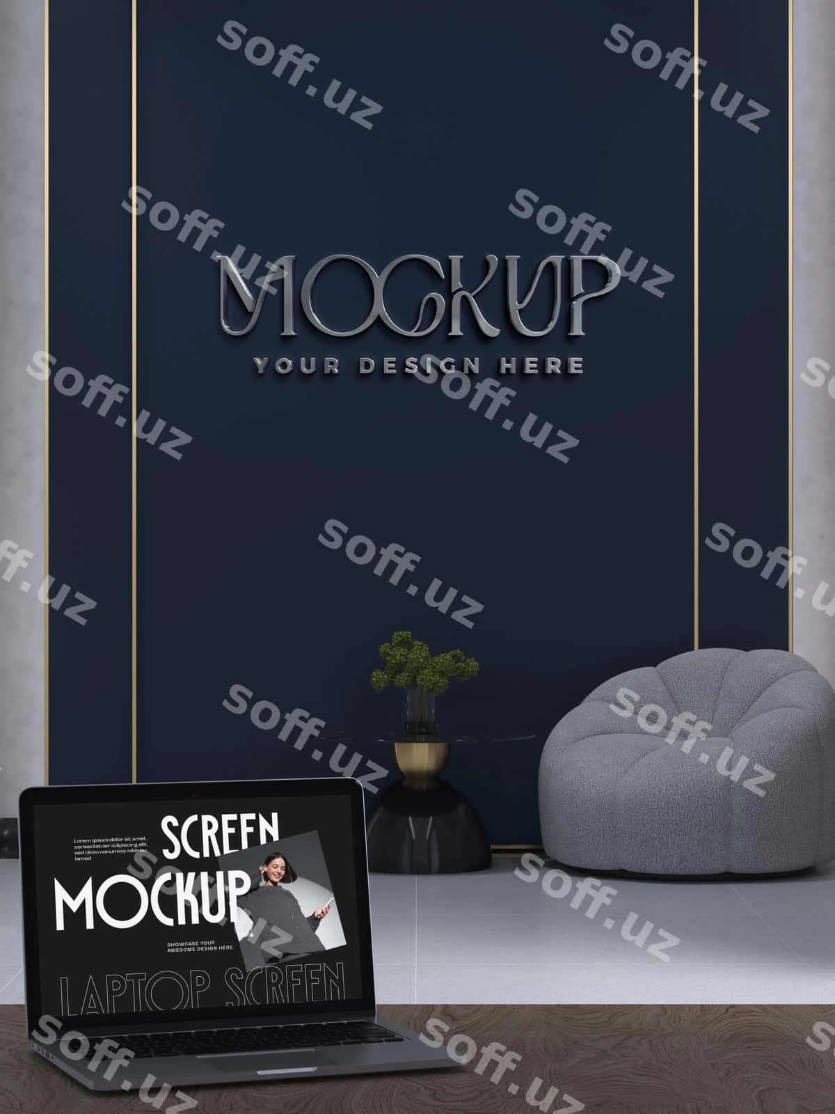 Noutbuk logotip effekt devor namunasi | Laptop logo effect wall mockup 1