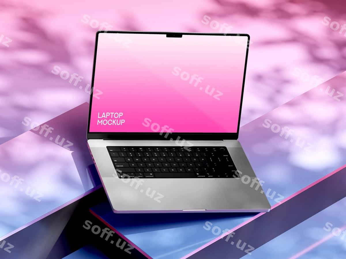 Noutbuk maketi pushti gradient yuzasi | Laptop mockup pink gradient surface 1