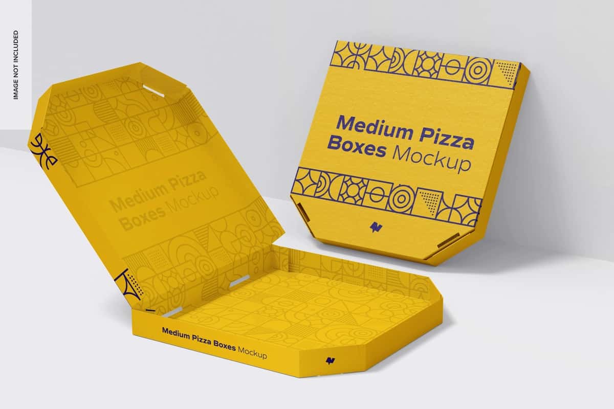 Oʻrtacha pizza qutisi maketi istiqbolli koʻrinishi | Medium pizza box mockup perspective view 1