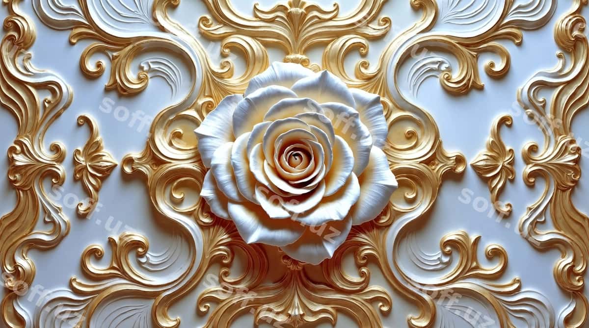 Zeb-ziynatli oltin rangli oq atirgul relyefi | Ornate gold white rose relief 1
