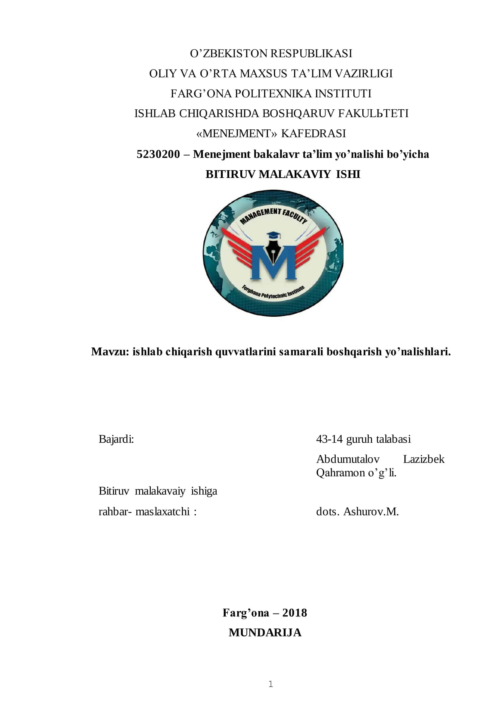 ISHLAB CHIQARISHDA BOSHQARUV FAKULЬTETI BITIRUV MALAKAVIY ISHI 1