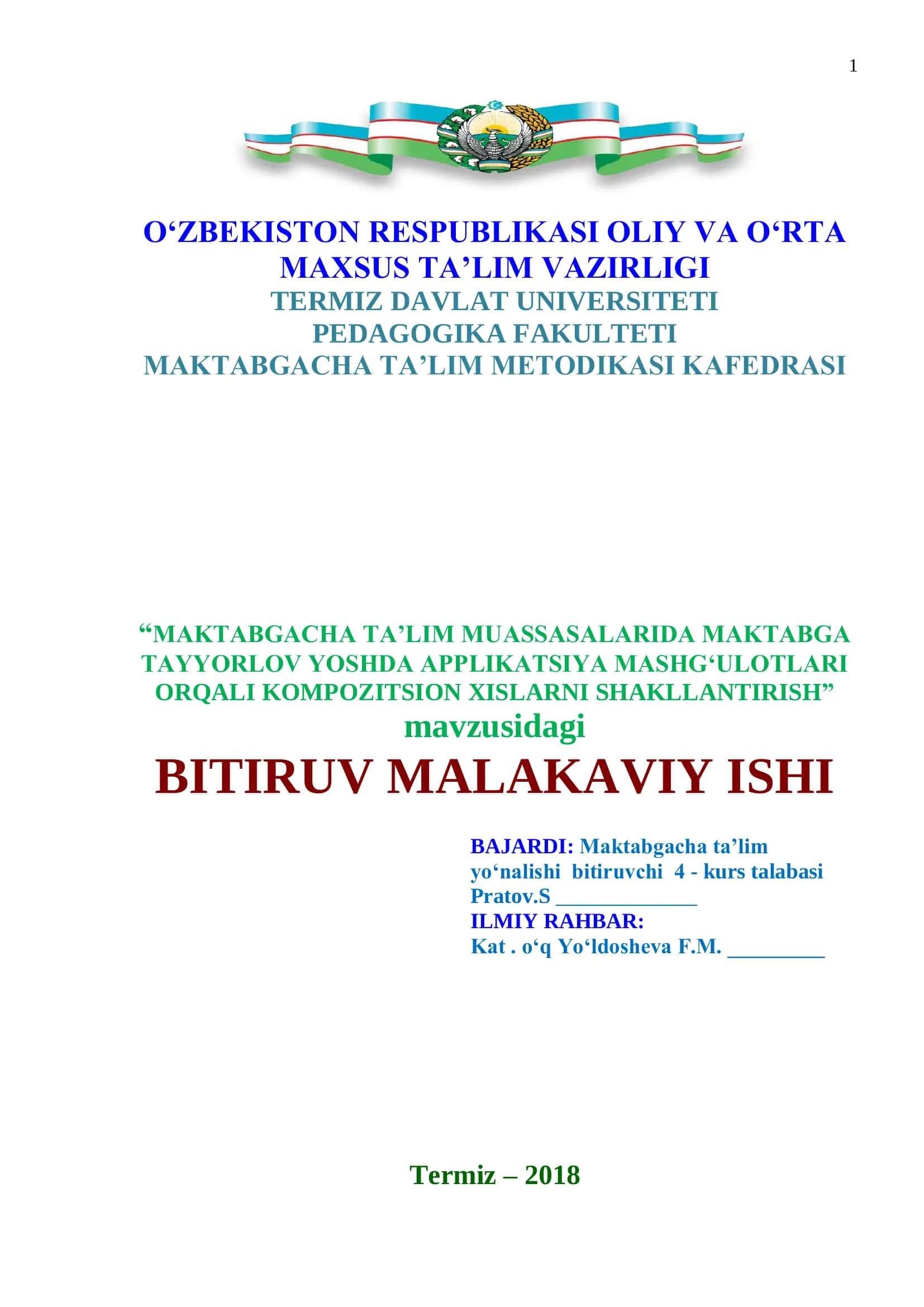 Maktabgacha ta’lim muassasalarida maktabga tayyorlov yoshda applikatsiya mashg‘ulotlari orqali kompozitsion xislatni shakllantirish 1