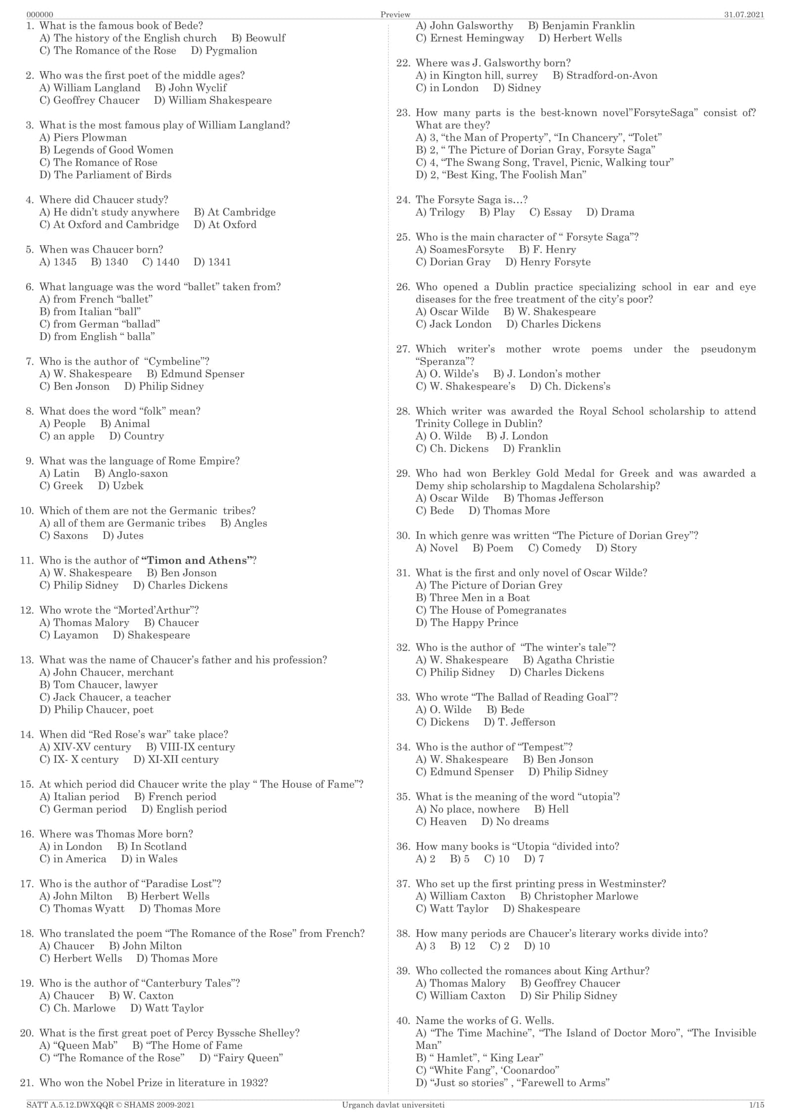 Famous literature questions 1
