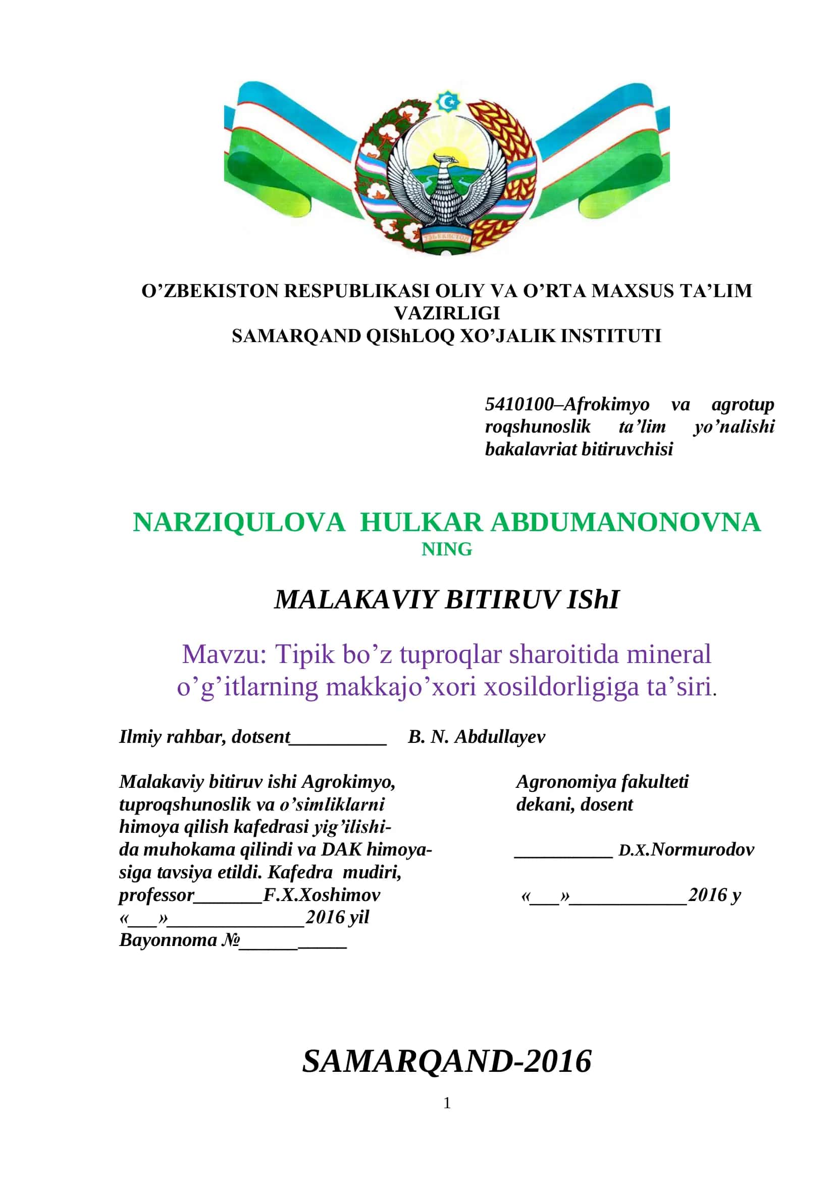 Tuproqshunoslik va o’simliklarni himoya qilish malakaviy bitiruv ishi 1
