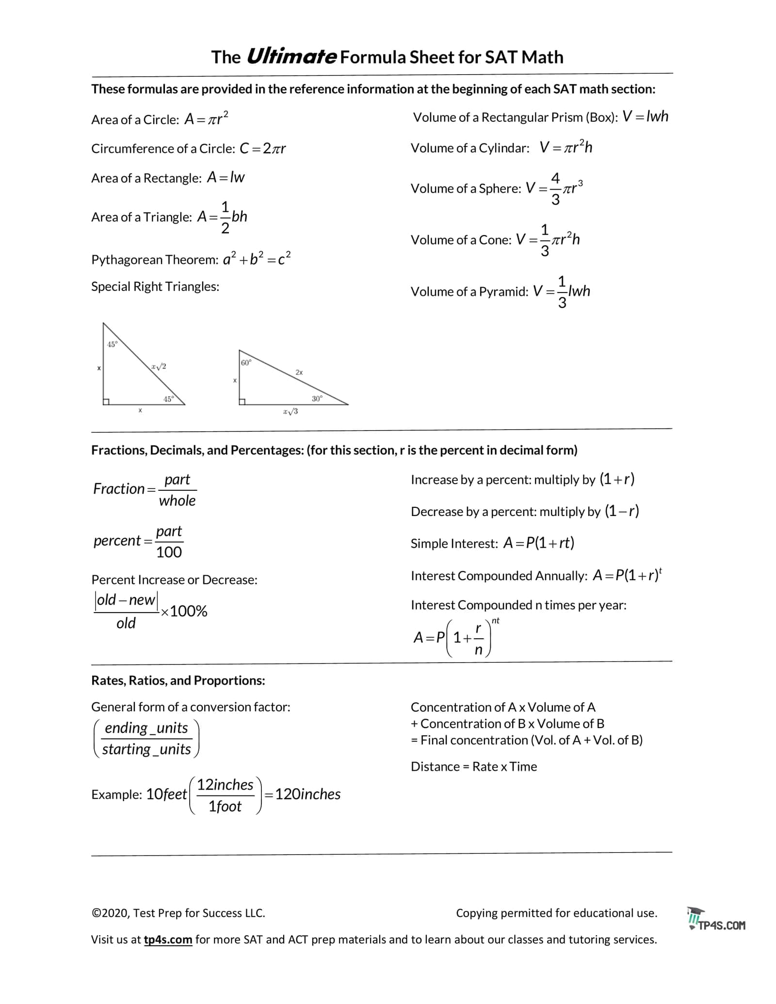 The Ultimate Formula Sheet for SAT Math 1