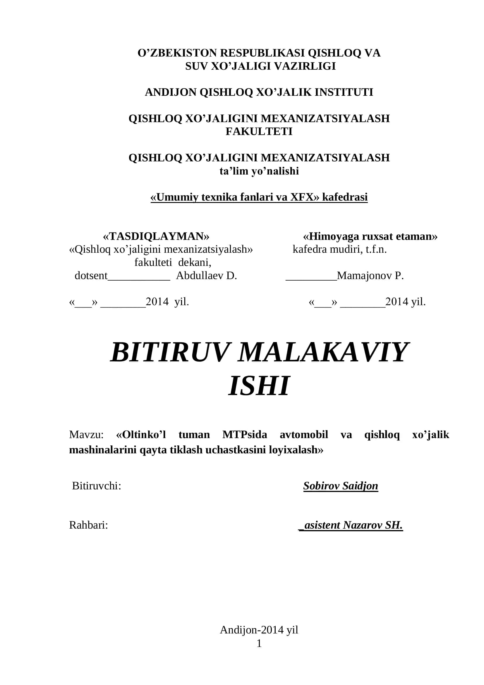 Oltinko’l tuman MTPsida avtomobil va qishloq xo’jalik mashinalarini qayta tiklash uchastkasini loyixalash 1