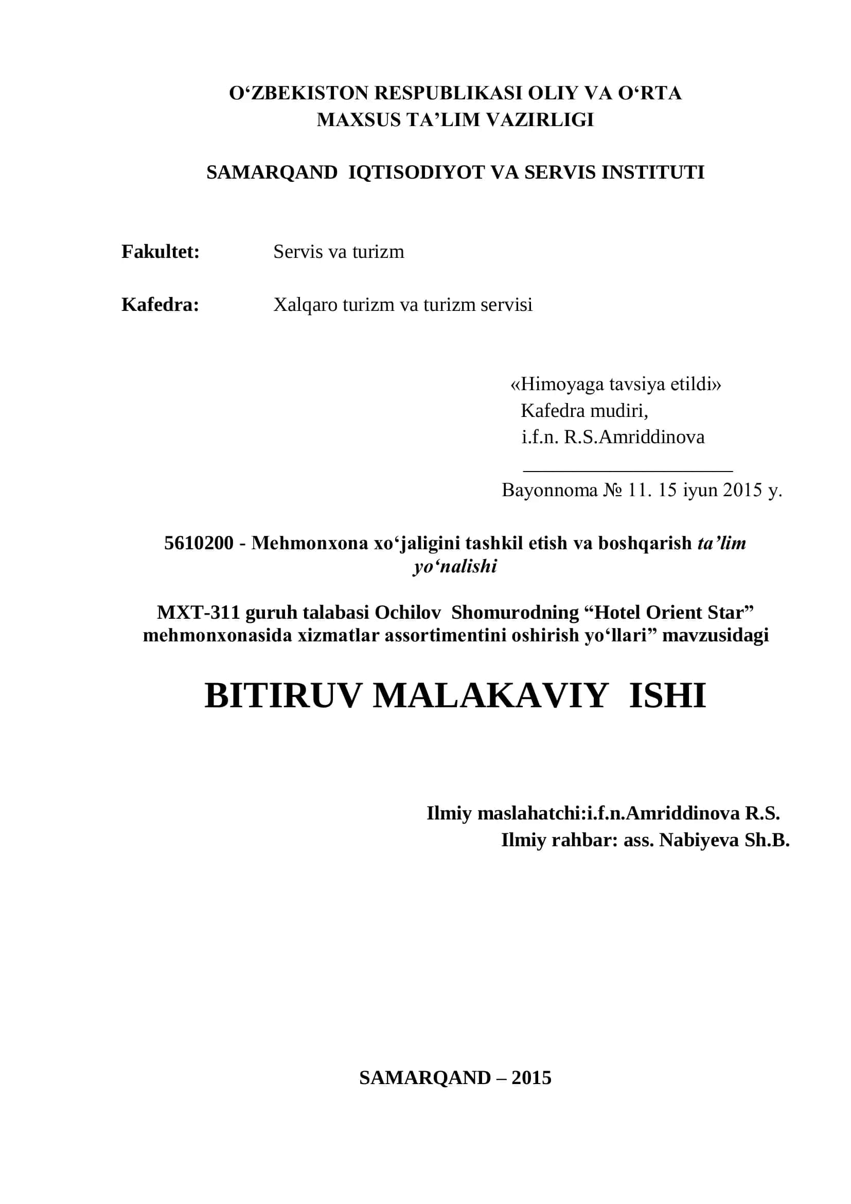 Hotel Orient Star mehmonxonasida xizmatlar assortimentini oshirish yo‘llari 1