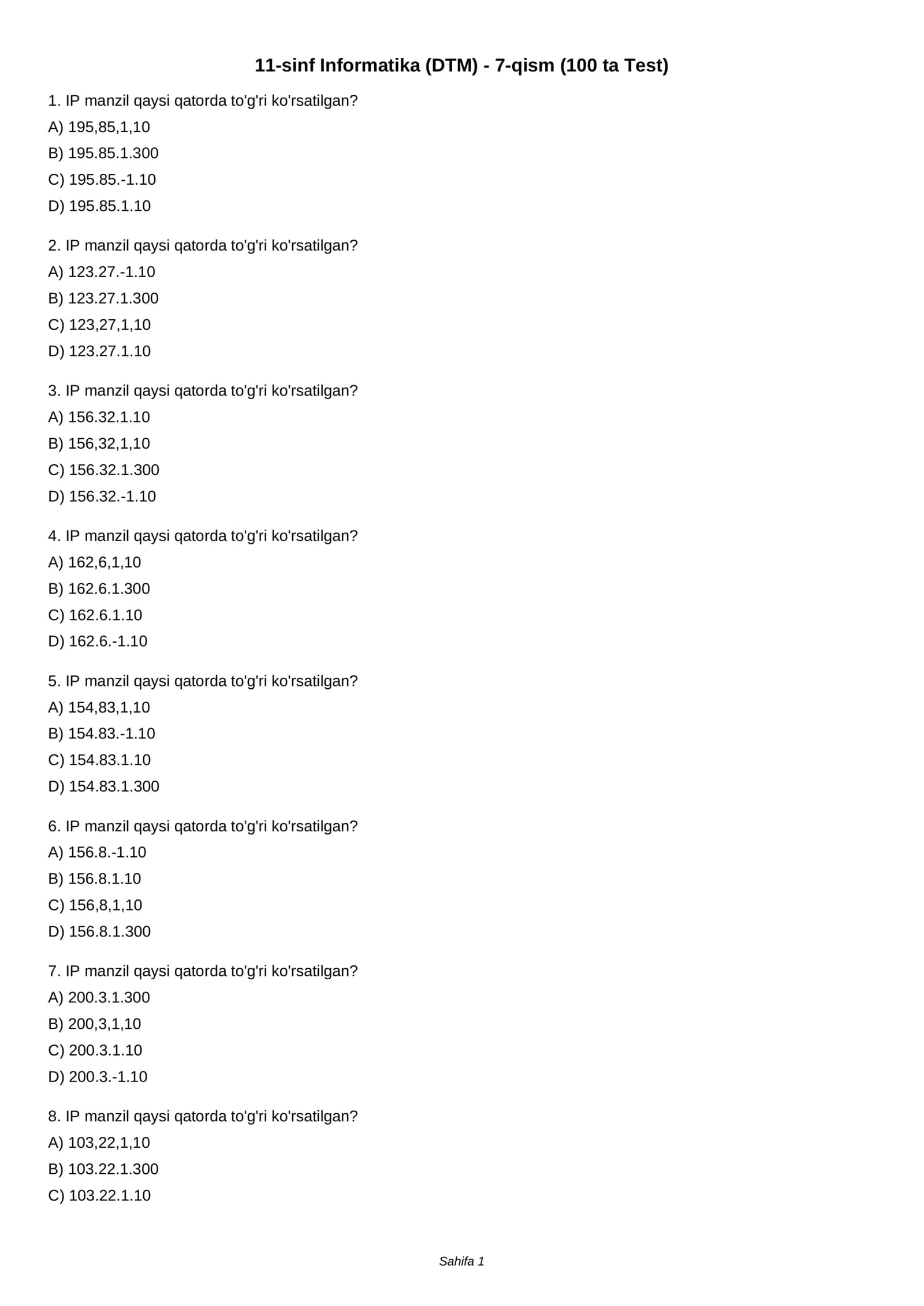 11-sinf Informatika (DTM) - 7-qism (100 ta Test) 1