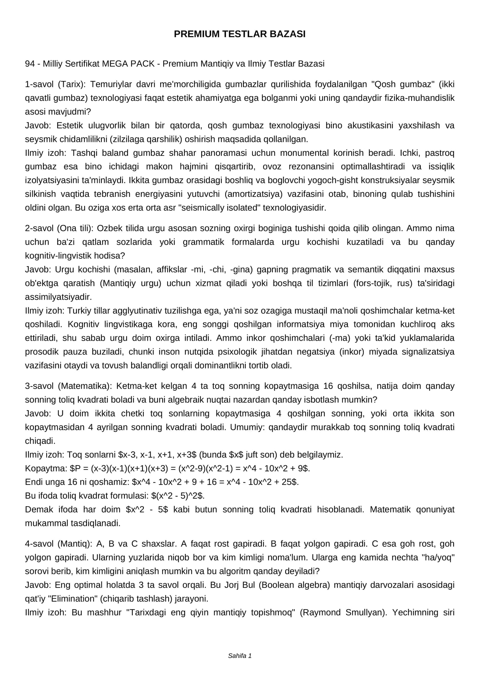 MEGA PACK - Premium Mantiqiy va Ilmiy Testlar Bazasi 1