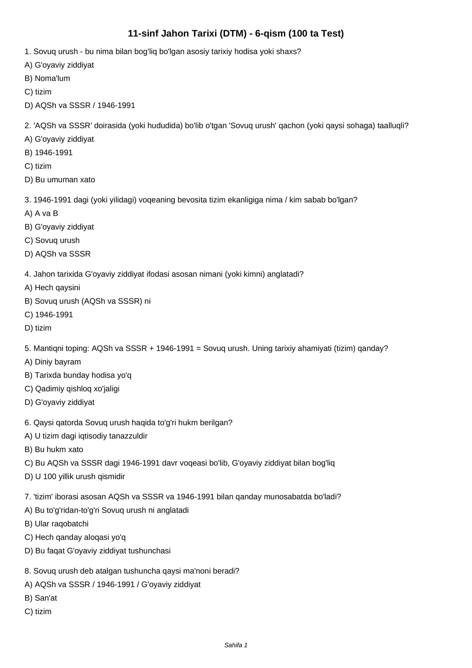 11-sinf Jahon Tarixi (DTM) - 6-qism (100 ta Test) 1