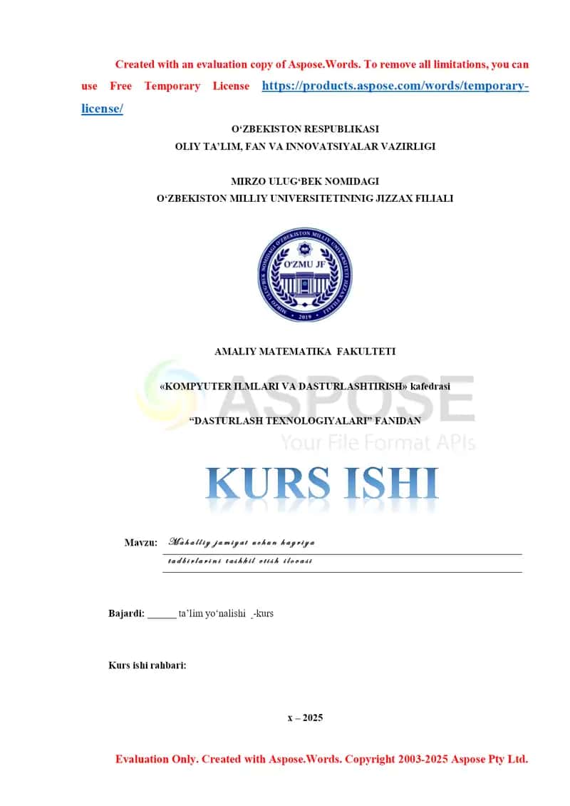 Mahalliy jamiyat uchun hayriya tadbirlarini tashkil etish ilovasi mavzusida kurs ishi 1