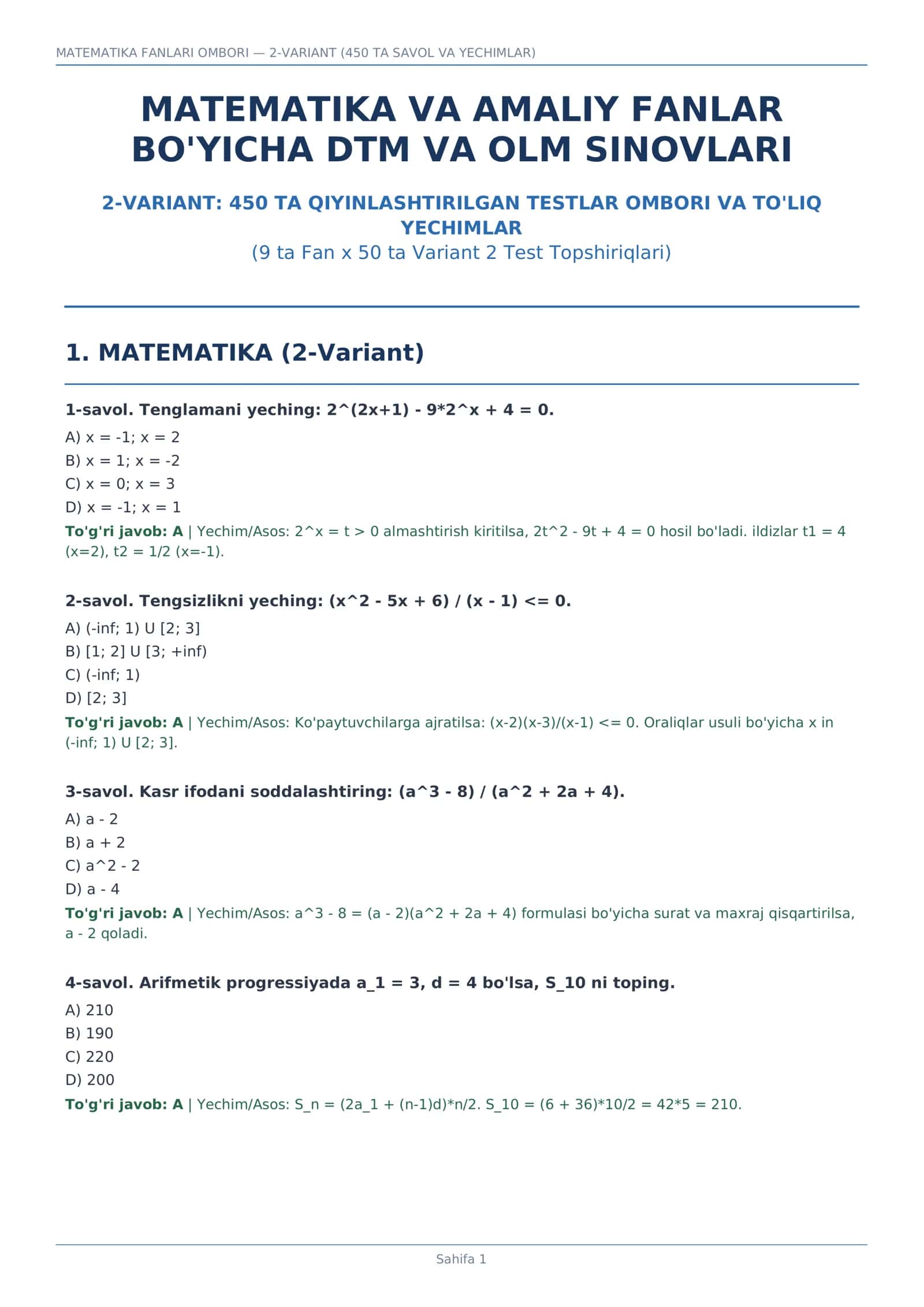 MATEMATIKA FANLARI OMBORI — 2-VARIANT (450 TA SAVOL VA YECHIMLAR) 1