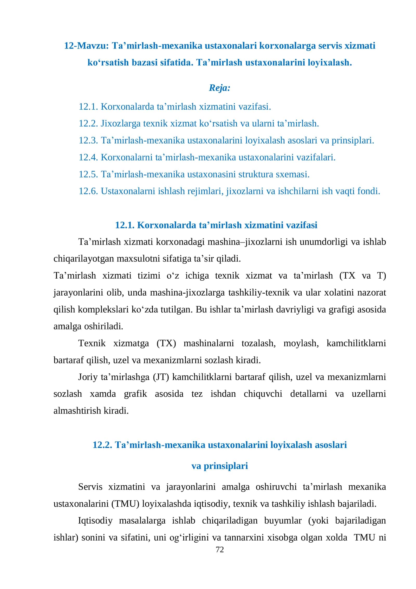 Ta’mirlash-mexanika ustaxonalari korxonalarga servis xizmati ko‘rsatish bazasi sifatida. Ta’mirlash ustaxonalarini loyixalash 1