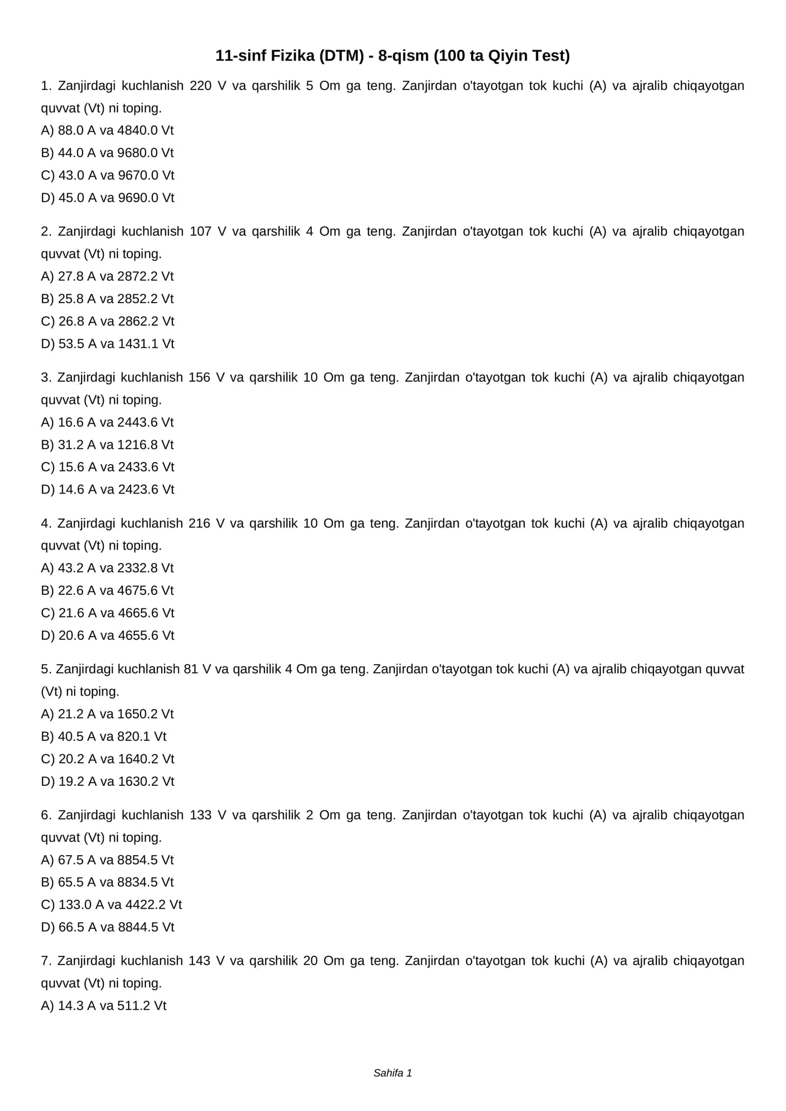 11-sinf Fizika (DTM) - 8-qism (100 ta Qiyin Test) 1